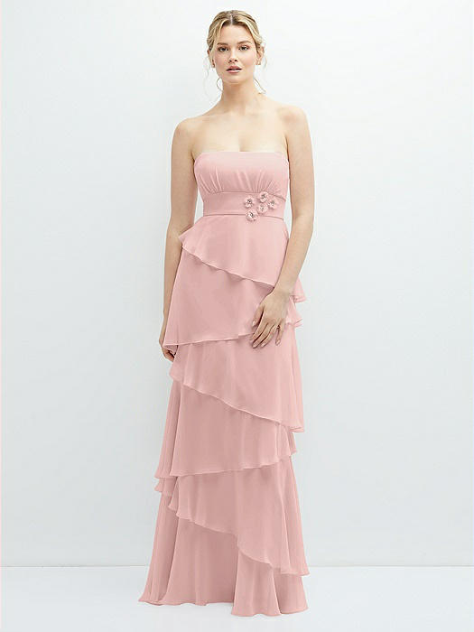 Strapless Asymmetrical Tiered Ruffle Chiffon Maxi Dress with Handworked Flower Detail