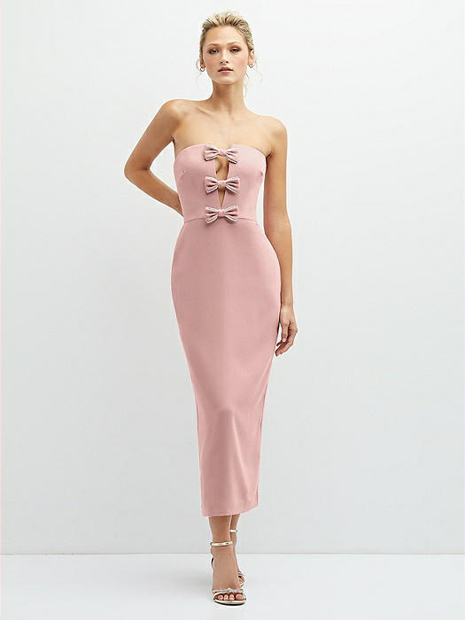 Rhinestone Bow Trimmed Peek-a-Boo Deep-V Midi Dress with Pencil Skirt
