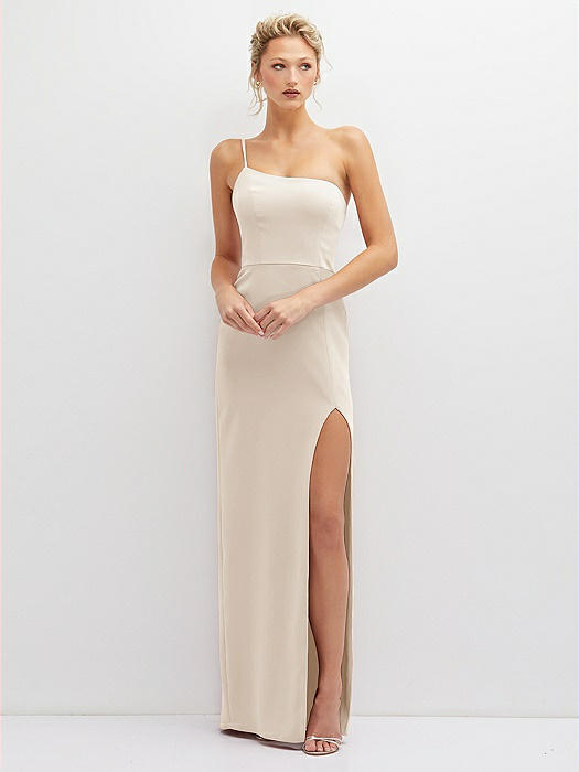 Sleek One-Shoulder Crepe Column Dress with Cut-Away Slit