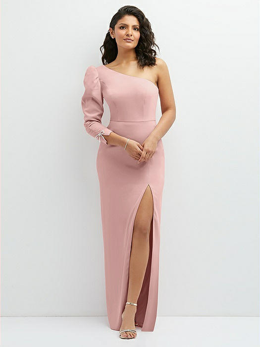 3/4 Puff Sleeve One-shoulder Maxi Dress with Rhinestone Bow Detail