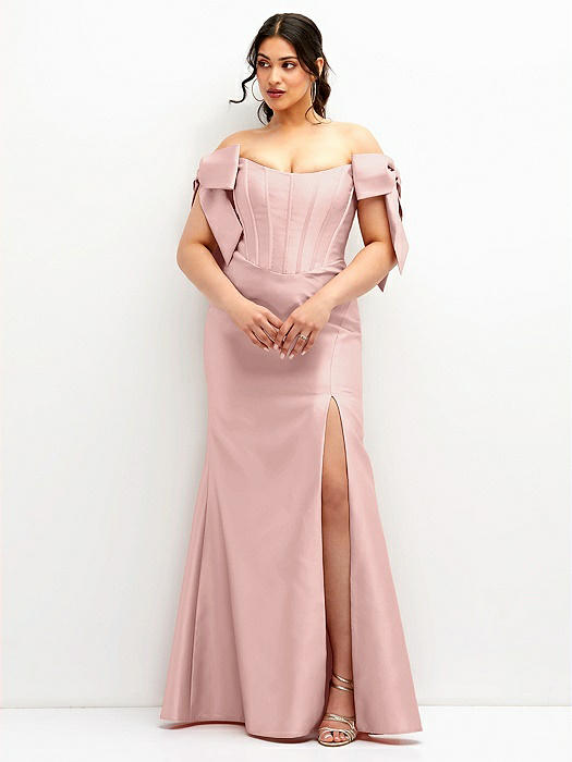 Off-the-Shoulder Bow Satin Corset Dress with Fit and Flare Skirt