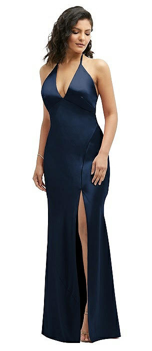 Plunge Halter Open-Back Maxi Bias Dress with Low Tie Back