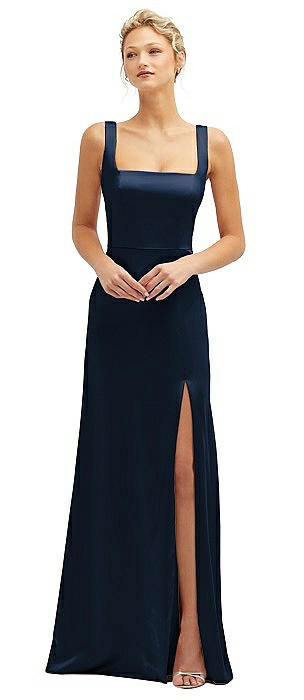 Square-Neck Satin A-line Maxi Dress with Front Slit