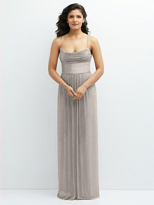 Soft Cowl Neck Metallic Pleated Maxi Dress with Convertible Tie Straps