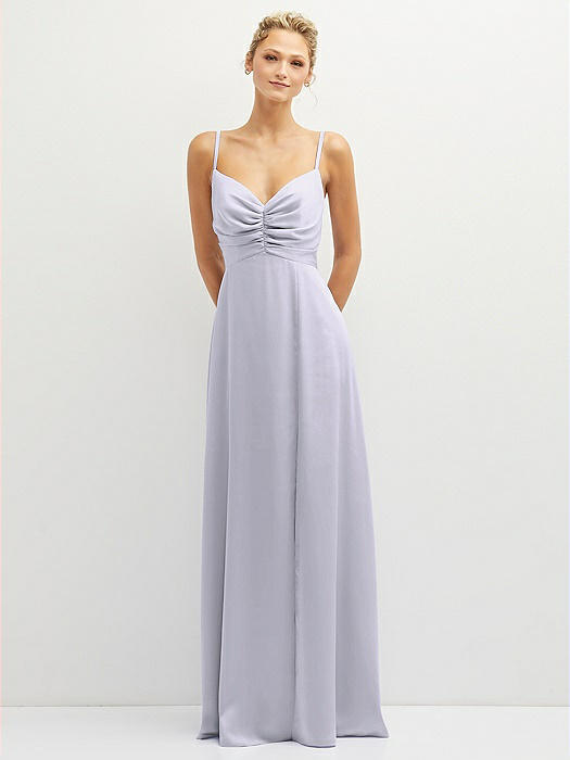 Vertical Ruched Bodice Satin Maxi Dress with Full Skirt