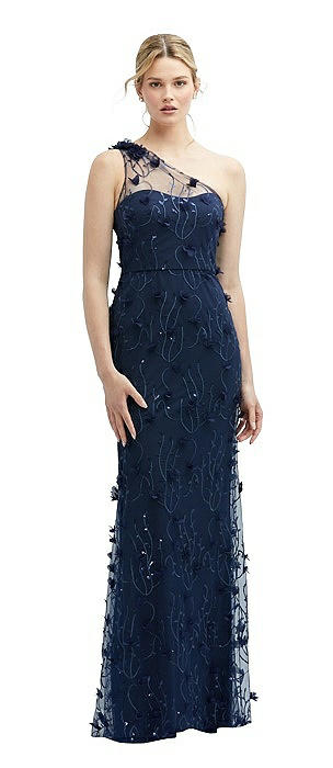 One-Shoulder Fit and Flare 3D Floral Embroidered Dress