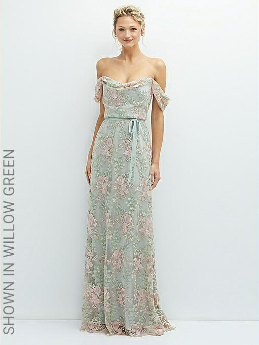 Off-the-Shoulder A-line Floral Embroidered Dress with Skinny Tie Sash