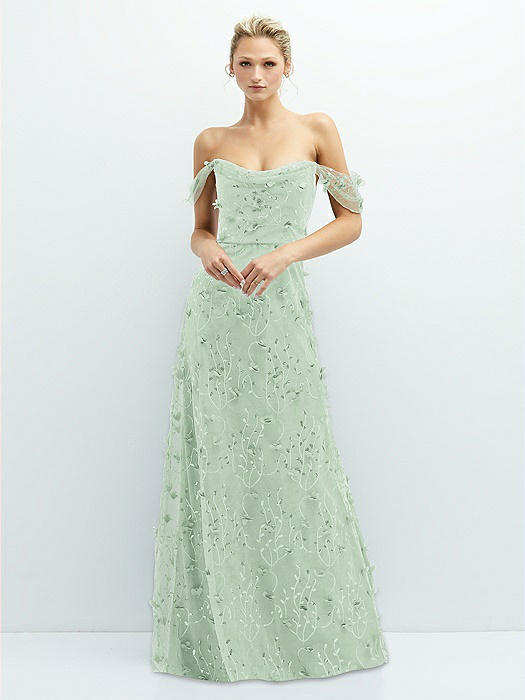 Off-the-Shoulder A-line 3D Floral Embroidered Dress