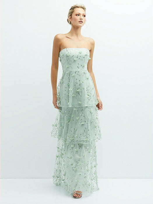 Strapless 3D Floral Embroidered Dress with Tiered Maxi Skirt