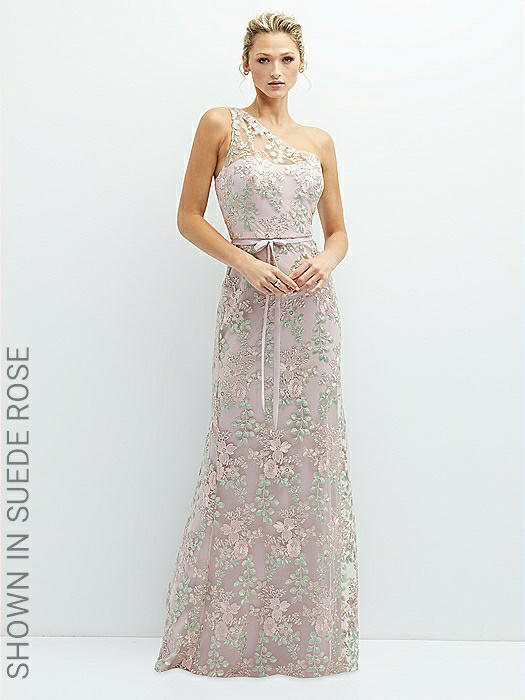 One-Shoulder Fit and Flare Floral Embroidered Dress with Skinny Tie Sash
