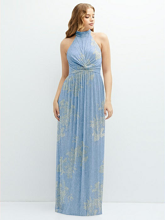 Band Collar Halter Open-Back Metallic Pleated Maxi Dress with Floral Gold Foil Print