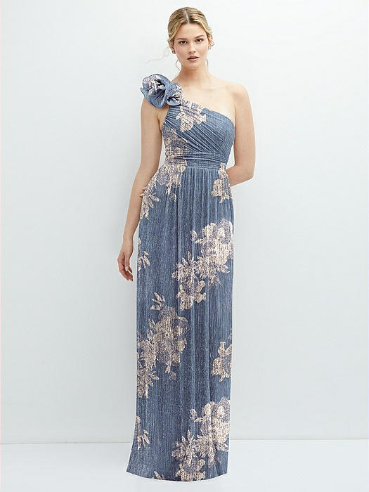 Dramatic Ruffle Edge One-Shoulder Metallic Pleated Maxi Dress with Floral Gold Foil Print