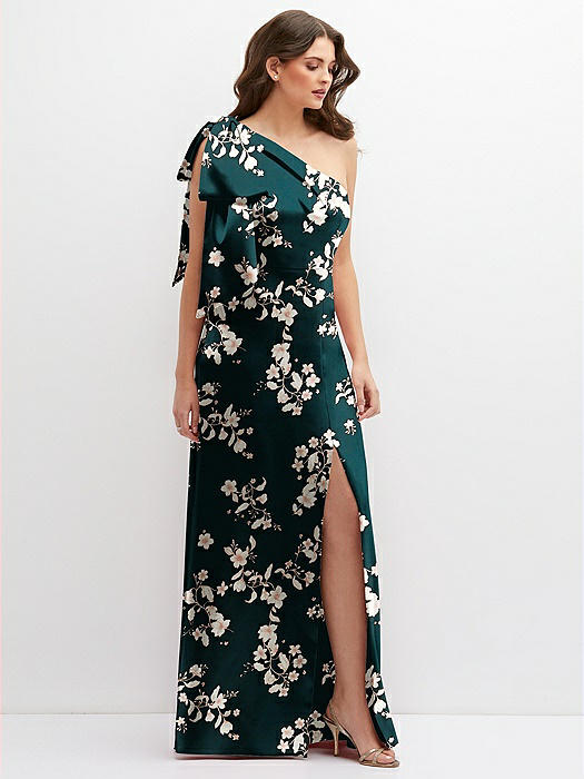 Floral One-Shoulder Satin Maxi Dress with Chic Oversized Shoulder Bow