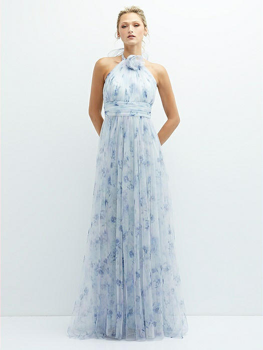 Floral Tie-Back Halter Tulle Dress with Long Full Skirt & Rosette Detail