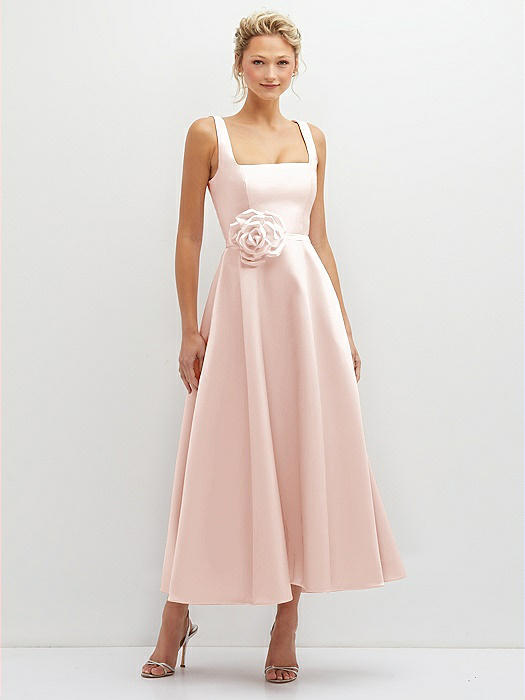 Square Neck Satin Midi Dress with Full Skirt & Flower Sash