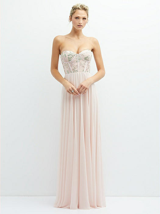 Strapless Floral Embroidered Corset Maxi Dress with Chiffon Skirt