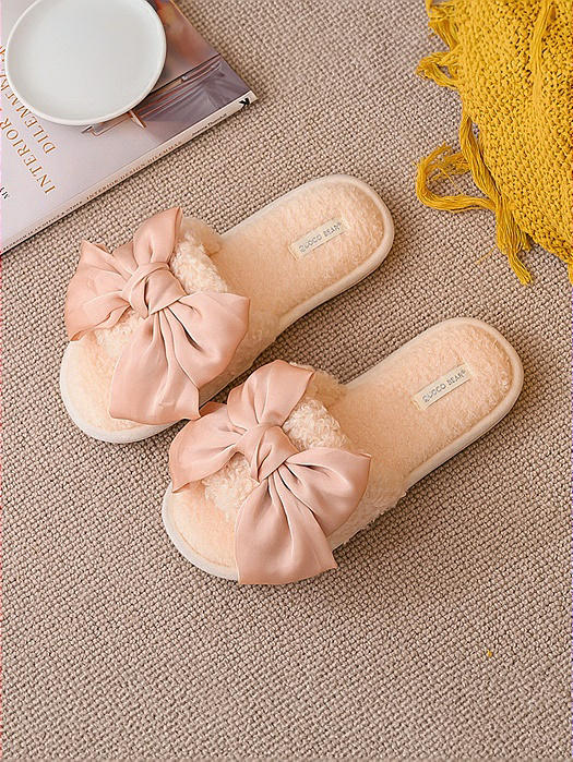 Open-Toe Fluffy Slippers with Silky Knot-Bow for Bridesmaids