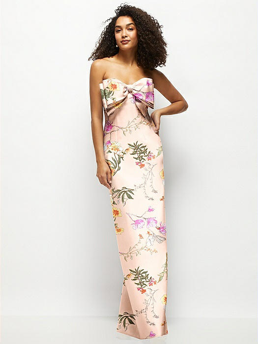 Strapless Floral Satin Column Maxi Dress with Oversized Bow