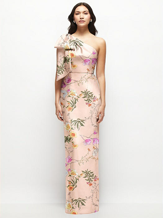 Oversized Bow One-Shoulder Floral Satin Column Maxi Dress