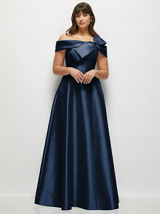 Asymmetrical Bow Off-Shoulder Satin Gown with Ballroom Skirt