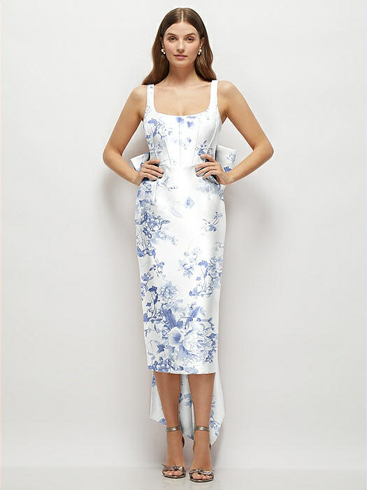 Floral Scoop Neck Corset Satin Midi Dress with Floor-Length Bow Tails