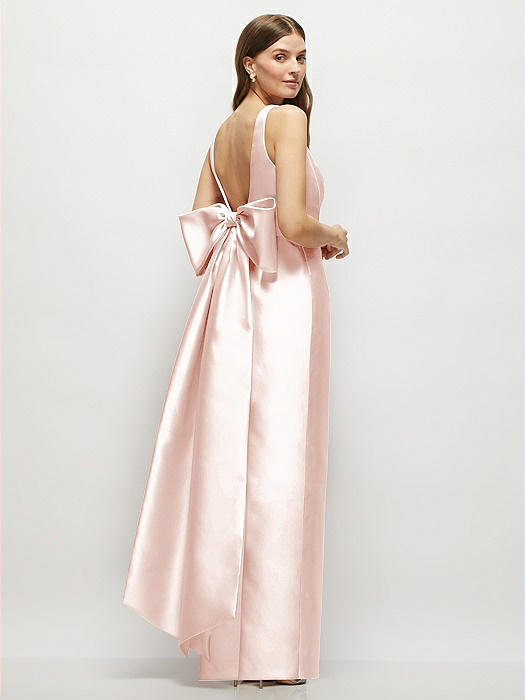 Scoop Neck Corset Satin Maxi Dress with Floor-Length Bow Tails