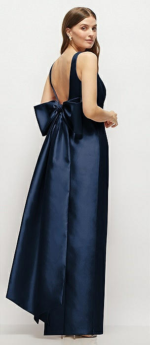 Scoop Neck Corset Satin Maxi Dress with Floor-Length Bow Tails