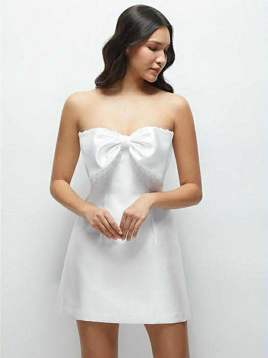 Oversized Bow Strapless Little White Mini Dress with Pearl Accents