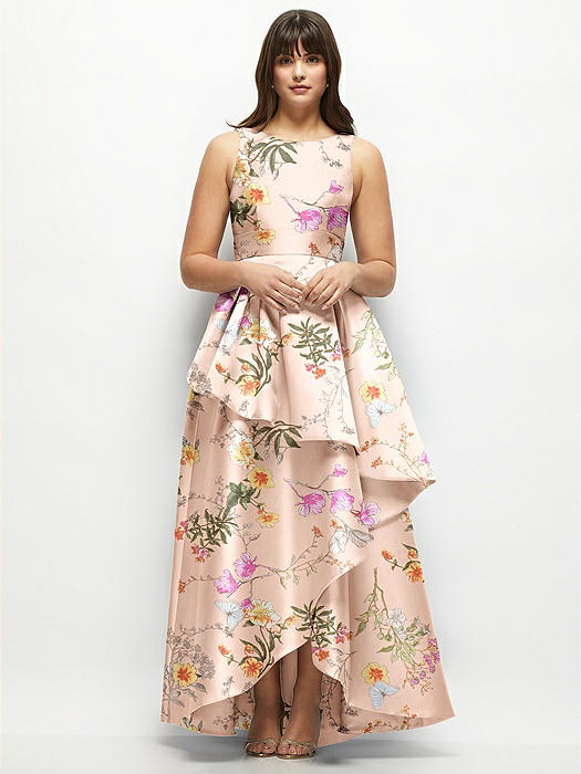 Floral Satin Maxi Dress with Asymmetrical Layered Ballgown Skirt