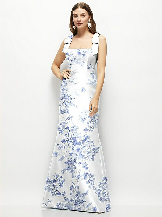 Floral Satin Fit and Flare Maxi Dress with Shoulder Bows