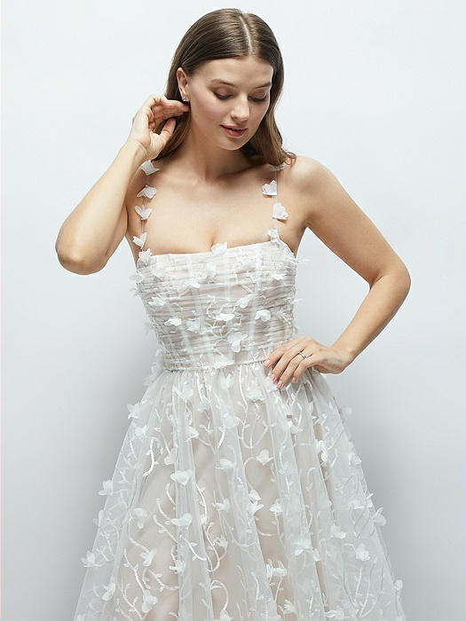 3D Floral Embroidered Little White Midi Dress with Nude Corset Underlay