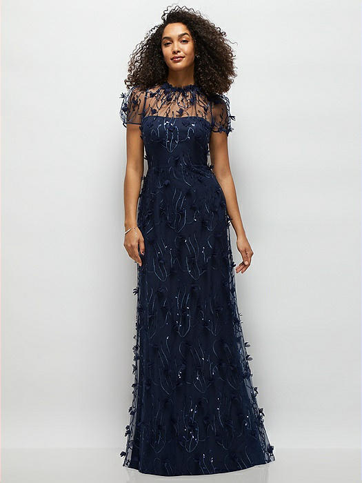 3D Floral Embroidered Puff Sleeve A-line Maxi Dress with Petal-Adorned Illusion Neckline