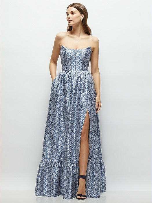 Marguerite Floral Strapless Cat-Eye Bodice Maxi Dress with Ruffle Hem