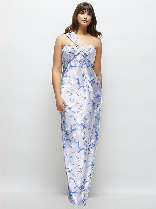 Floral Satin Twist Bandeau One-Shoulder Bias Maxi Dress