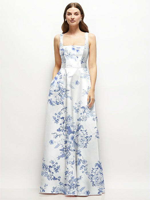 Floral Square-Neck Satin Maxi Dress with Full Skirt