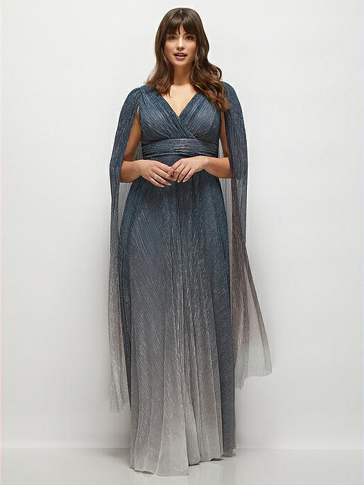 Streamer Sleeve Ombre Pleated Metallic Maxi Dress