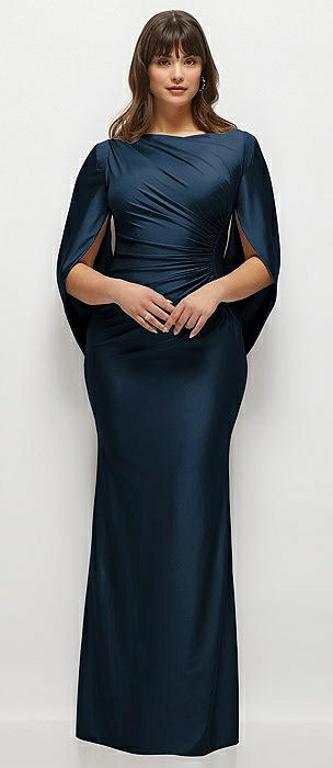 Draped Stretch Satin Maxi Dress with Built-in Capelet