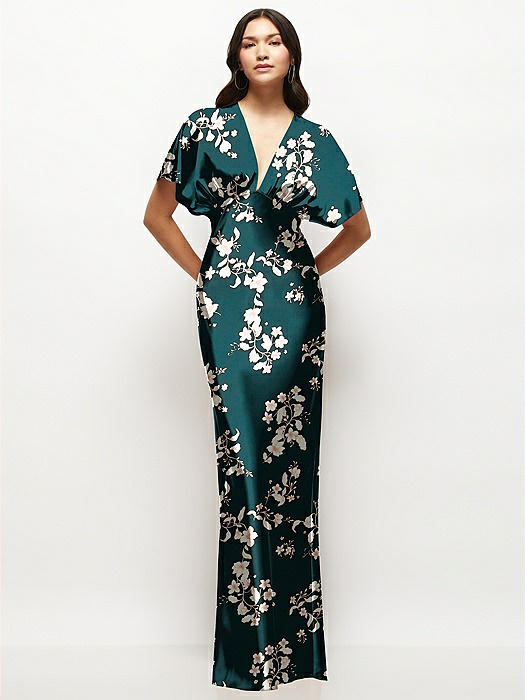 Plunge Neck Kimono Sleeve Floral Satin Bias Maxi Dress