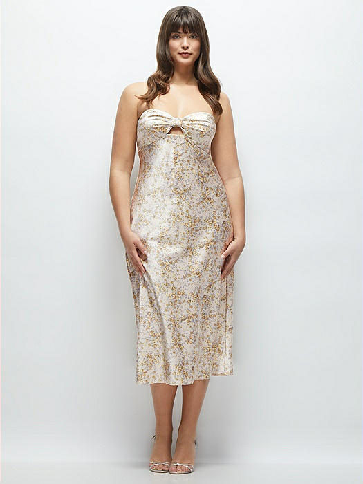 Strapless Bow-Bandeau Cutout Floral Satin Midi Slip Dress