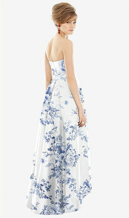 Strapless Floral Satin High Low Dress with Pockets