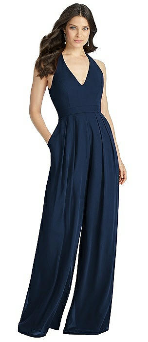 V-Neck Backless Pleated Front Jumpsuit