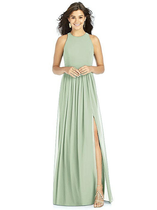 Shirred Skirt Jewel Neck Halter Dress with Front Slit