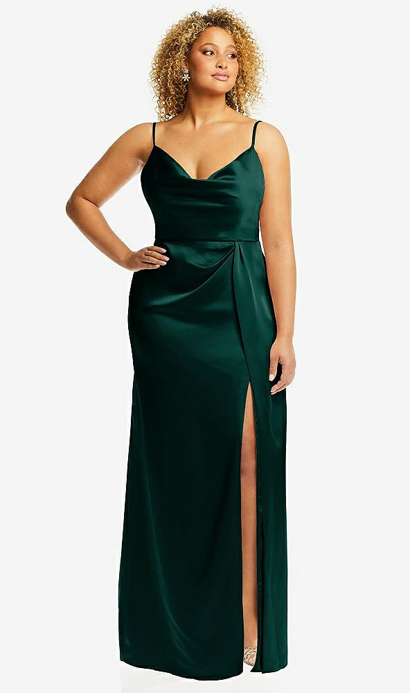 Cowl-neck Draped Wrap Maxi Bridesmaid Dress With Front Slit In Evergreen