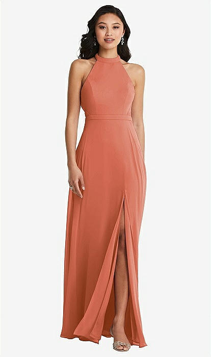 Stand Collar Halter Maxi Bridesmaid Dress With Criss Cross Open-back In  Terracotta Copper