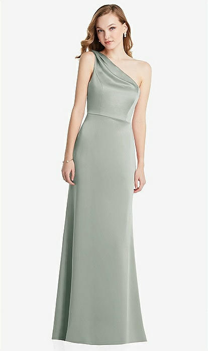 Shirred One-shoulder Satin Trumpet Bridesmaid Dress - Maddie In Willow  Green