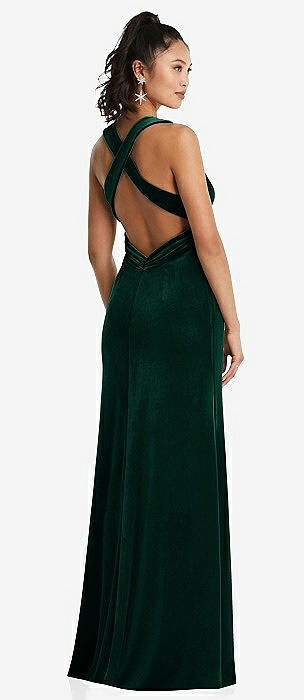 Halter Neck Slit Dark Green Velvet Bridesmaid Gown - Xdressy