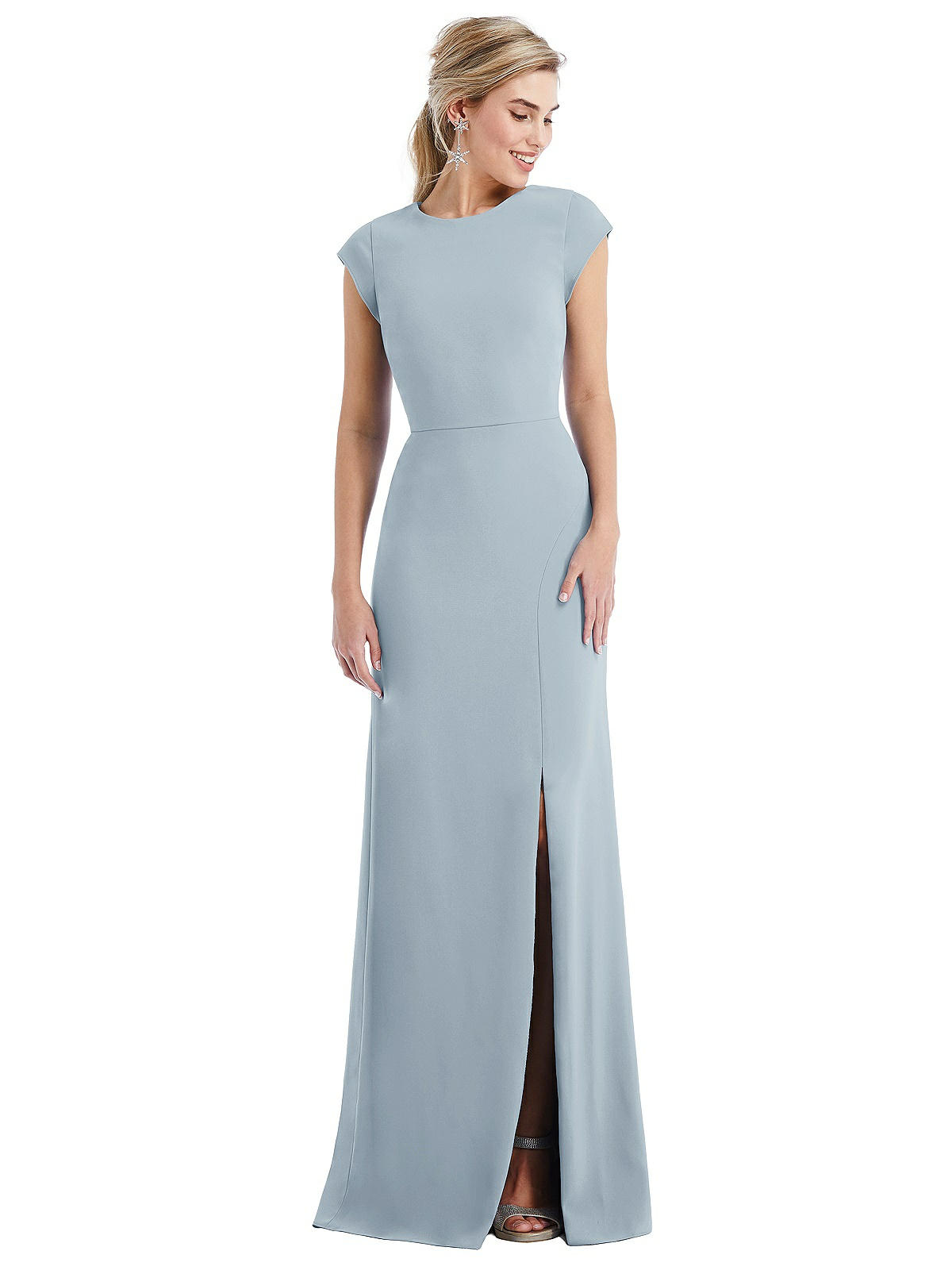 Fitted Stretch Satin Gathered Waistband Dusty-Blue Evening Gown