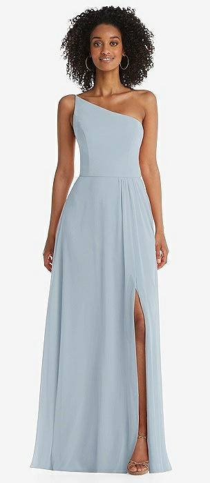 Draped One-shoulder Maxi Bridesmaid Dress With Scarf Bow In Mist