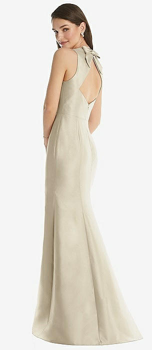 High Neck Backless Maxi Bridesmaid Dress With Slim Belt In Champagne