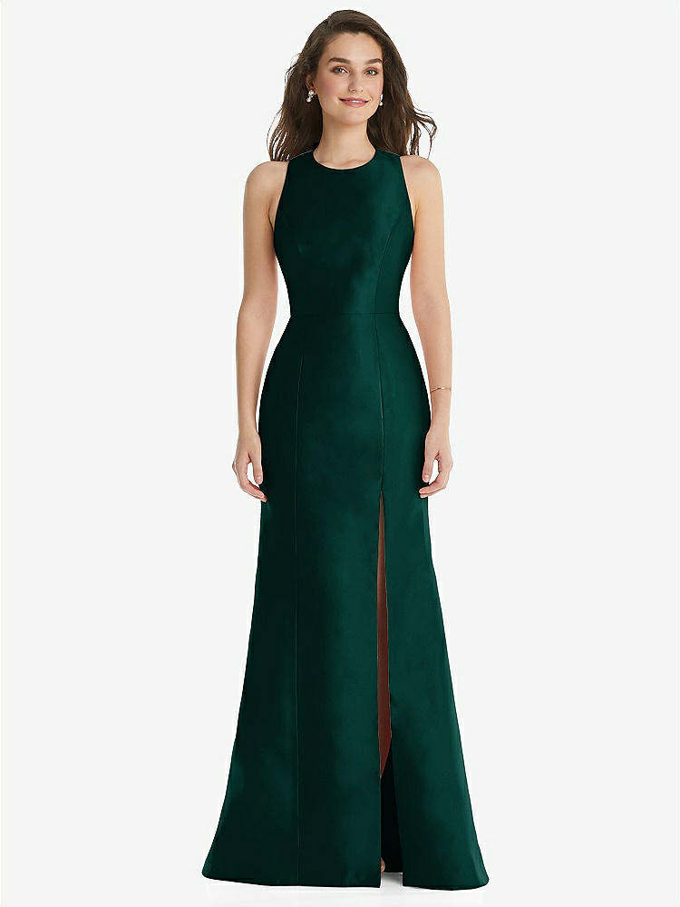 Jewel Neck Bowed Open-back Trumpet Bridesmaid Dress In Evergreen